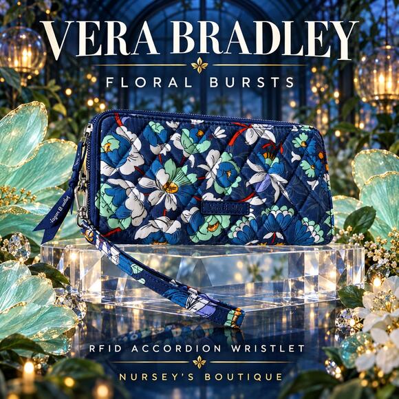 Vera Bradley Handbags - Vera Bradley Floral Bursts RFID Accordion Wristlet Wallet Blue Retired